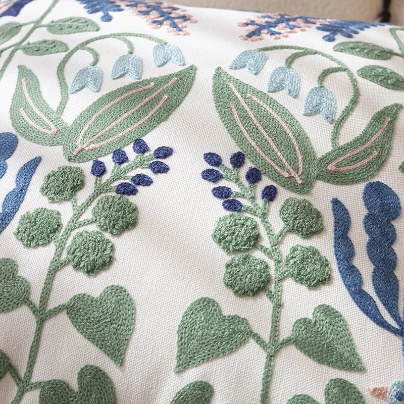 Floral Embroidered Cotton Pillow Cover