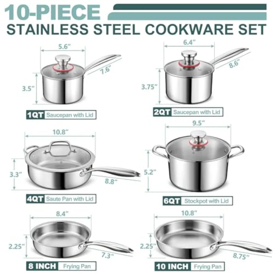 10 Pcs Pots and Pans Set Stainless Steel Cookware Sets for Kitchen Induction Cookware Nontoxic Kitchen Cooking Set w Fry Pans S