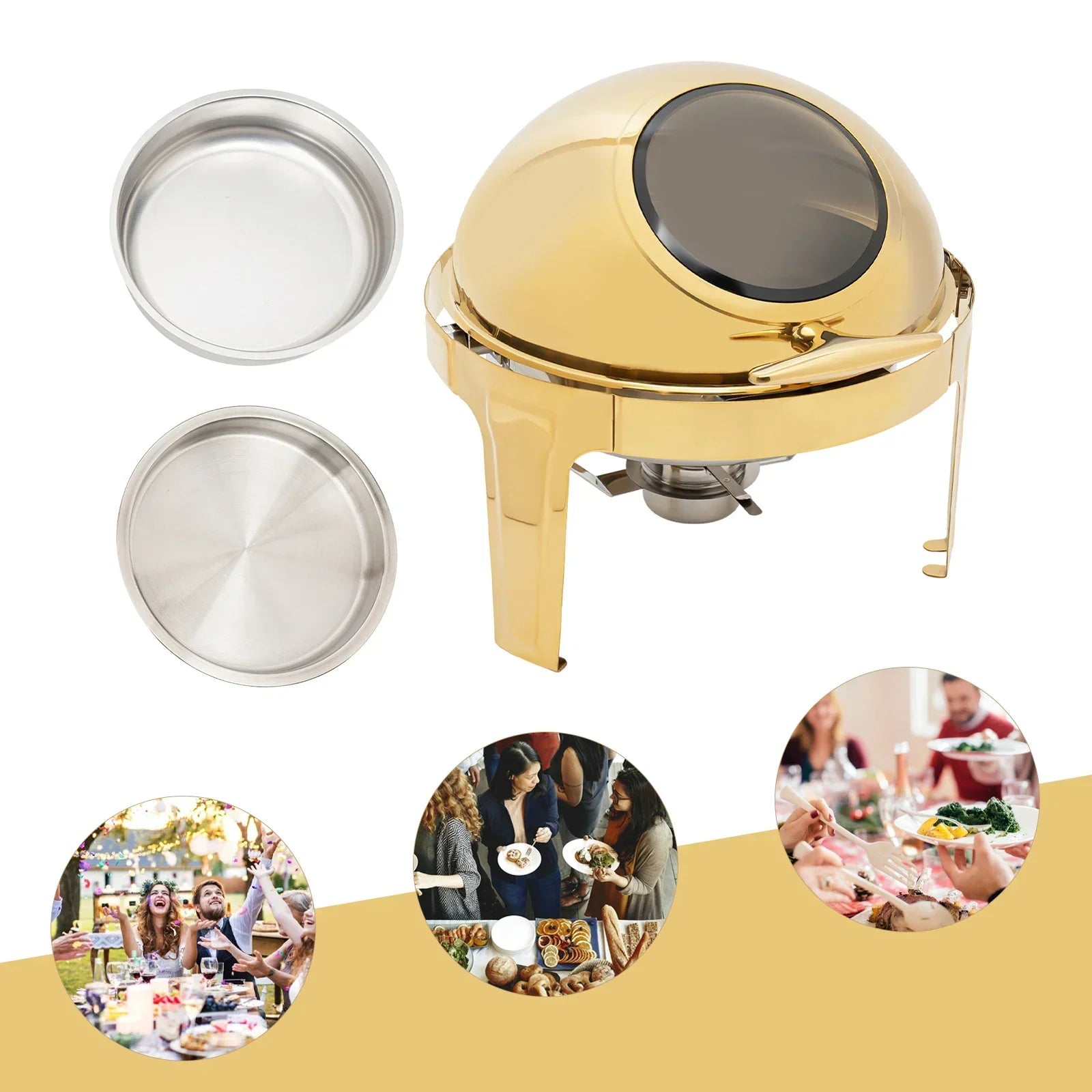 BYMAOCAR Round Chafing Dish Buffet Set 6.3 QT, Roll Top Stainless Steel Buffet Warmer Chafers with Food and Water Trays