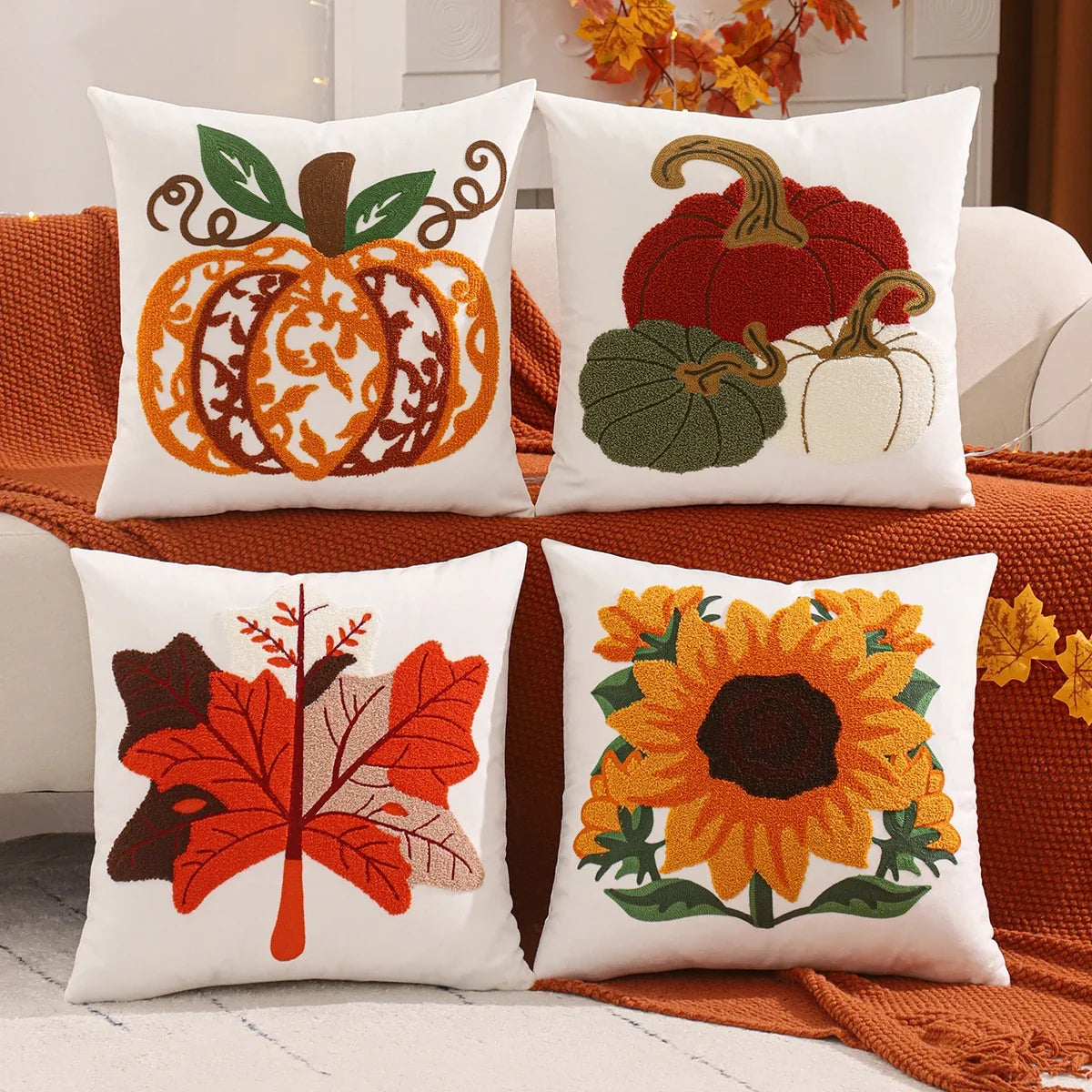 Autumn Embroidered Velvet Throw Cushion Case