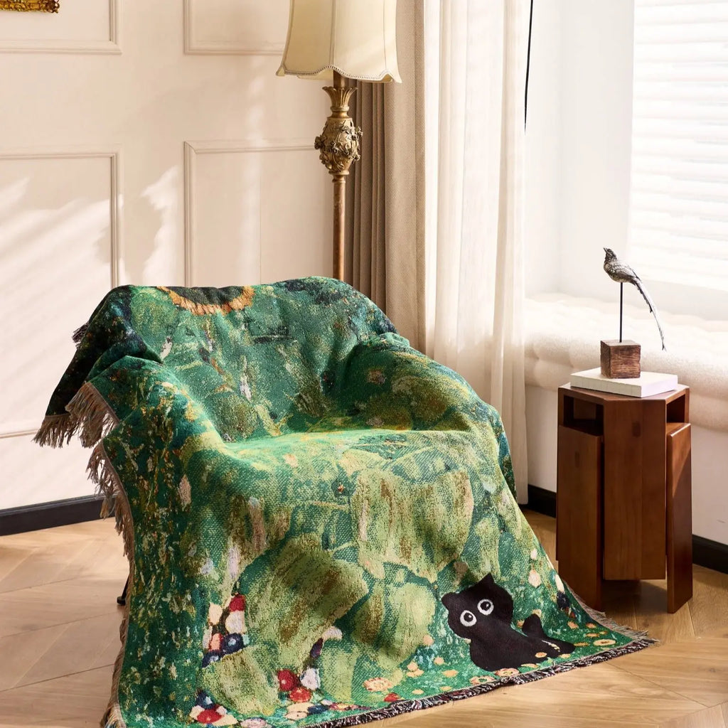Cat Woven Throw Blanket – Jacquard Tapestry Sofa Cover for Cozy Home & Picnic Use