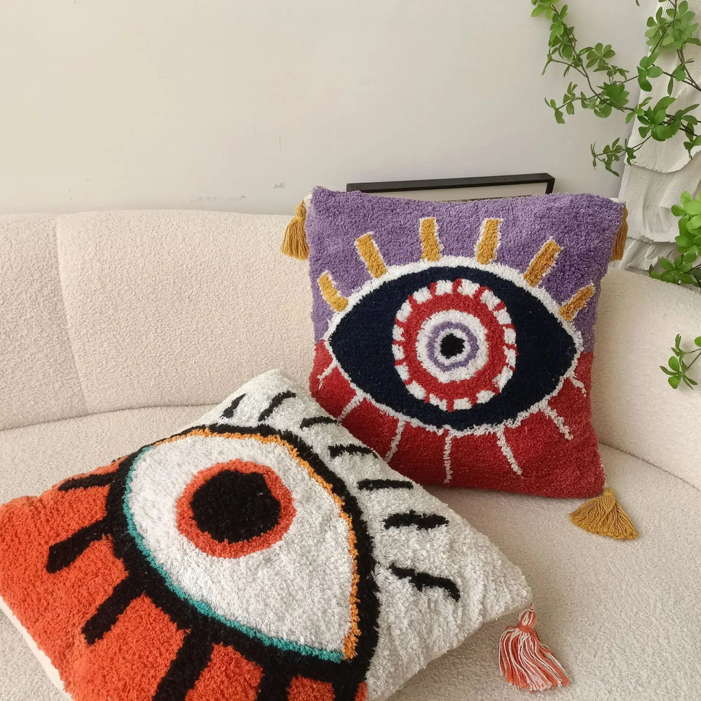 Evil Eye Tufted Embroidered Throw Pillow Cover – Bohemian Cushion Case