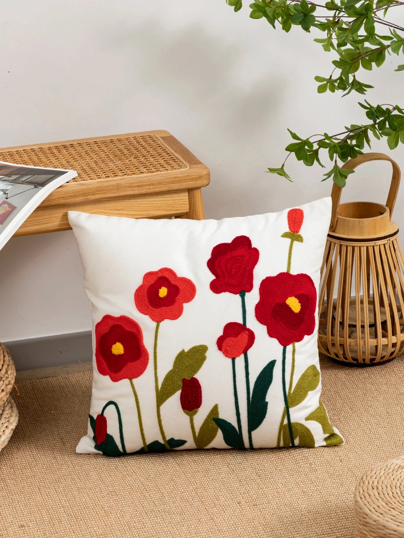 Poppy Flower Pillow Cover – Cotton Sail Fabric Cushion Cover | Modern Boho Home Decor | Housewarming Gift