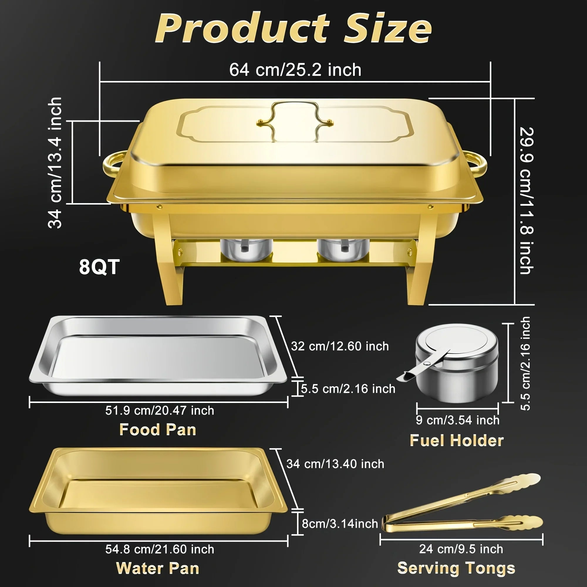 6 Pcs Buffet Baking Tray, 8 Quart Golden Baking Tray Buffet Set Full Size, Premium Stainless Steel Baking Tray Party Food Heater