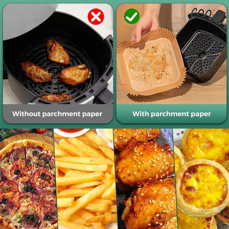 Air Fryer Liner & Steamer/Baking Paper – Silicone-Coated, Plant-Oil Layer, Oil-Resistant Non-Stick Sheets for Home Kitchens & Bakeries