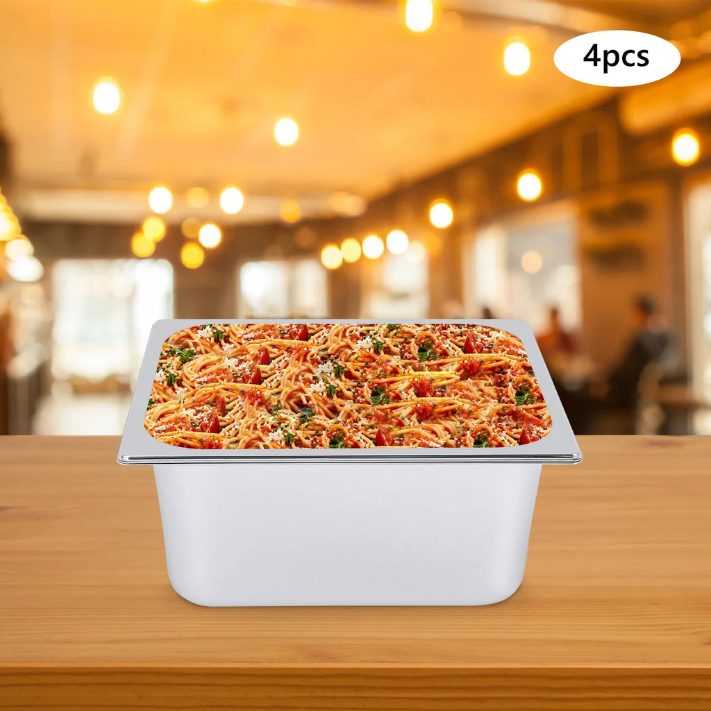 Stainless Steel Steam Table Pans, 7L Capacity, 6in Depth, Set of 4 with Lid for Food Display and Protection