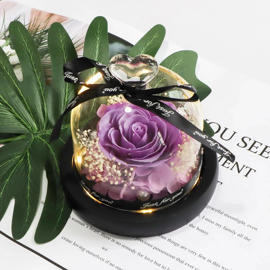 Purple Soap Rose in Glass Dome with LED Light