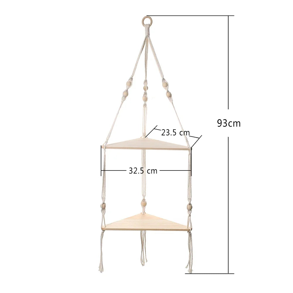 Boho Macrame Hanging Wooden Shelf – Handcrafted Floating Wall Shelf for Home Decor