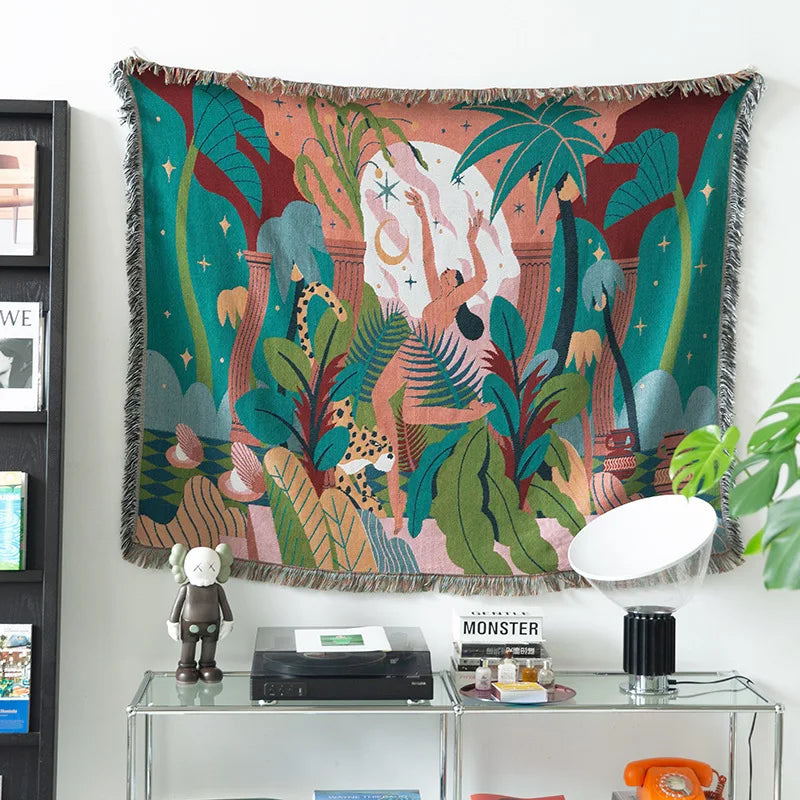Forest Dancer Throw Blanket – Jungle Leaves Sofa Cover with Tassels
