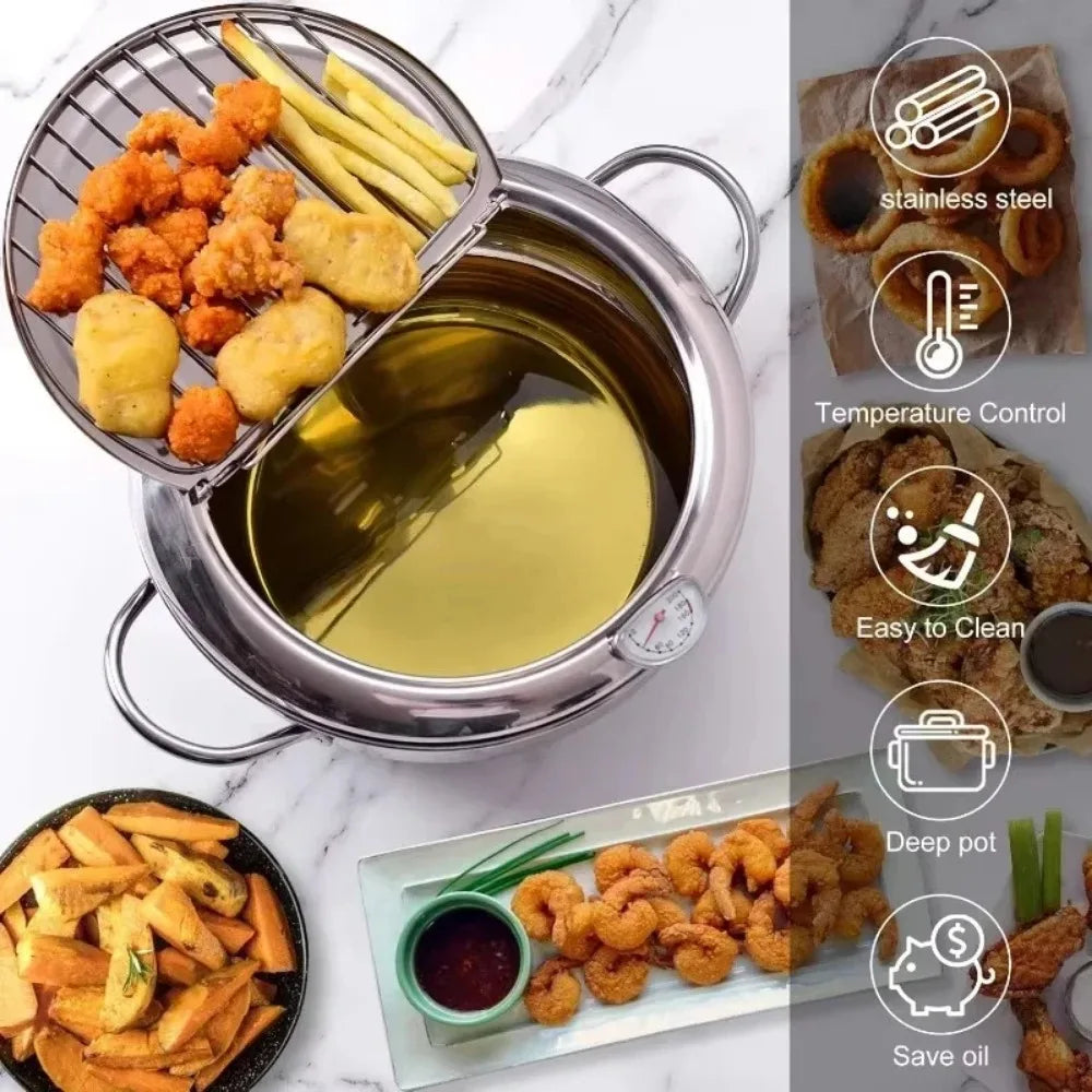 Multifunctional deep fryer with Thermometer and Oil Drip Drainer Rack Household Double Bottom Gas Induction Cooker Kitchen Tools