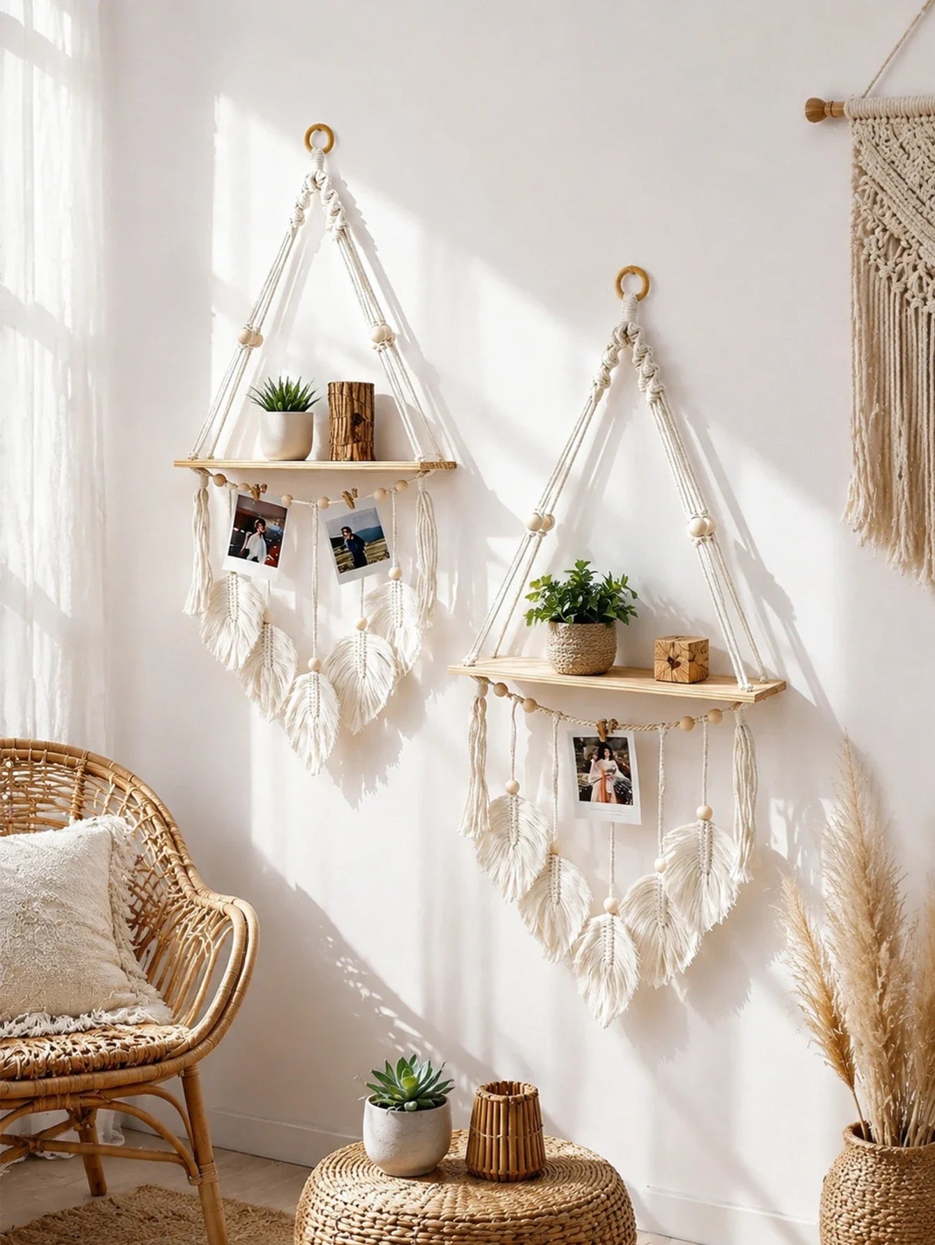 Boho Macrame Floating Wall Shelf with Leaf Tassels