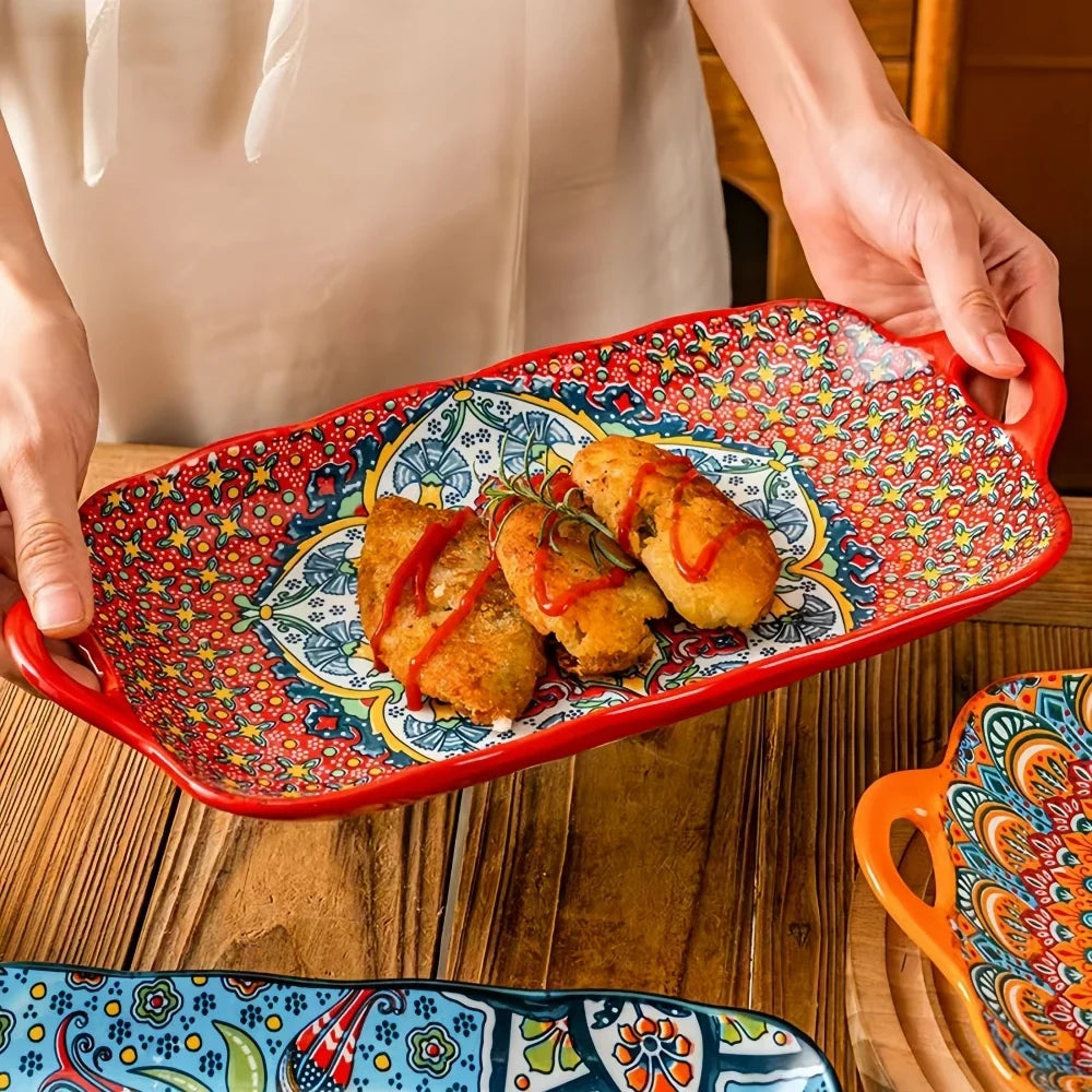 Boho Ceramic Fish Dish with Handle – Rectangular Serving Tray for Oven & Microwave