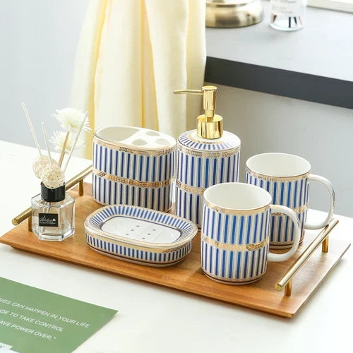 Ivory Porcelain & Gold-Plated Ceramic Bathroom Set – Striped Blue