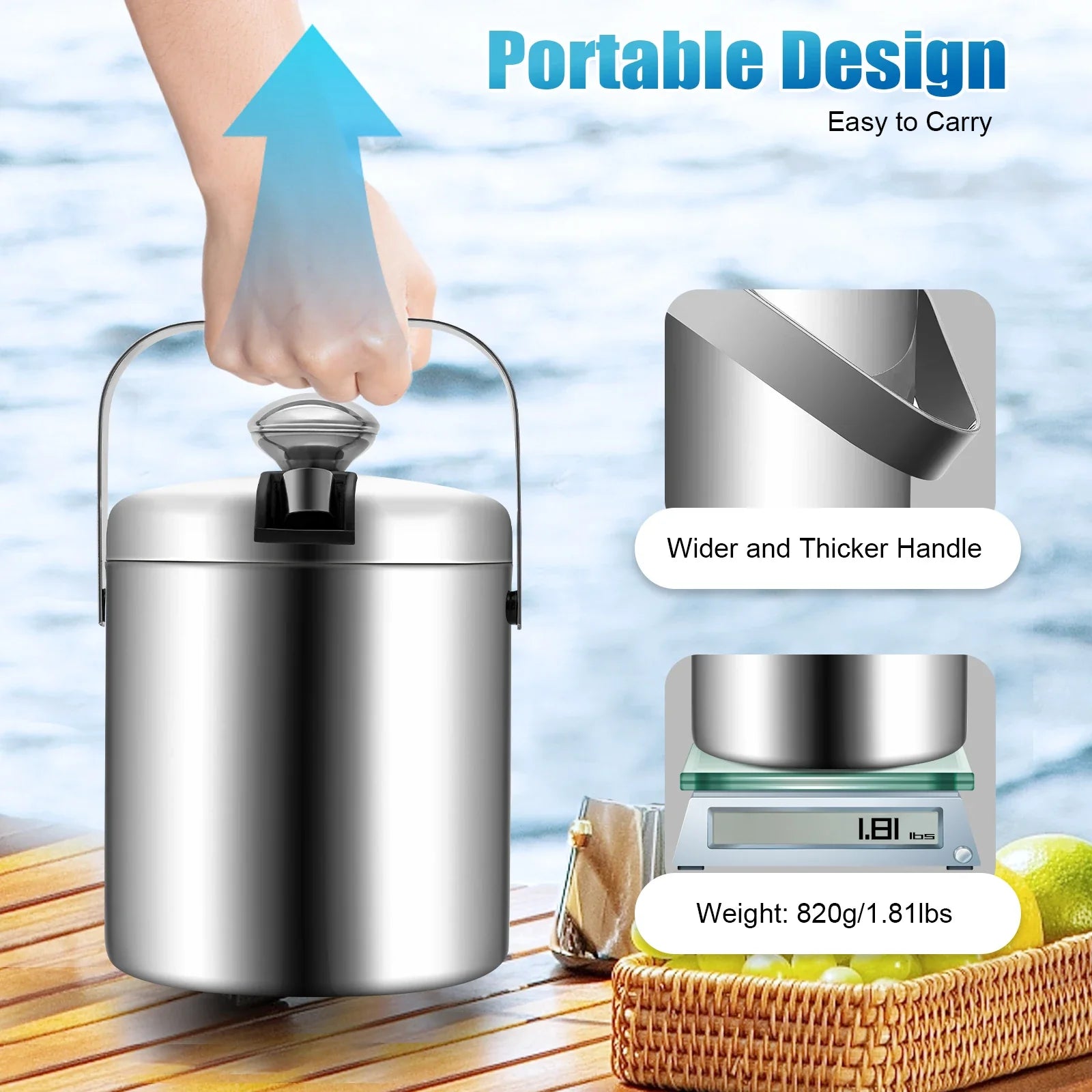 1.3L Portable Double-Walled Ice Bucket with Tongs Lid Stainless Steel Ice Cube Container For Wine/Drinking/Beer Cooler