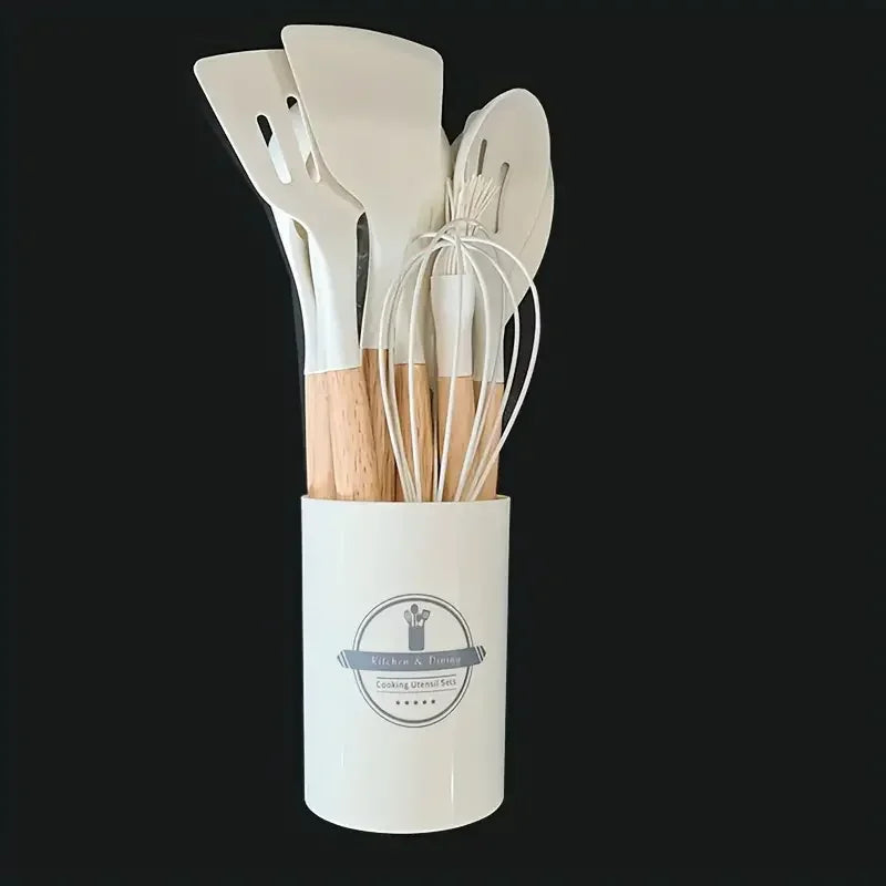 12pcs Silicone Cooking Utensil Set – Multi-Color, Heat-Resistant Kitchenware with Wooden Handles, Non-Stick Spatulas & Spoons