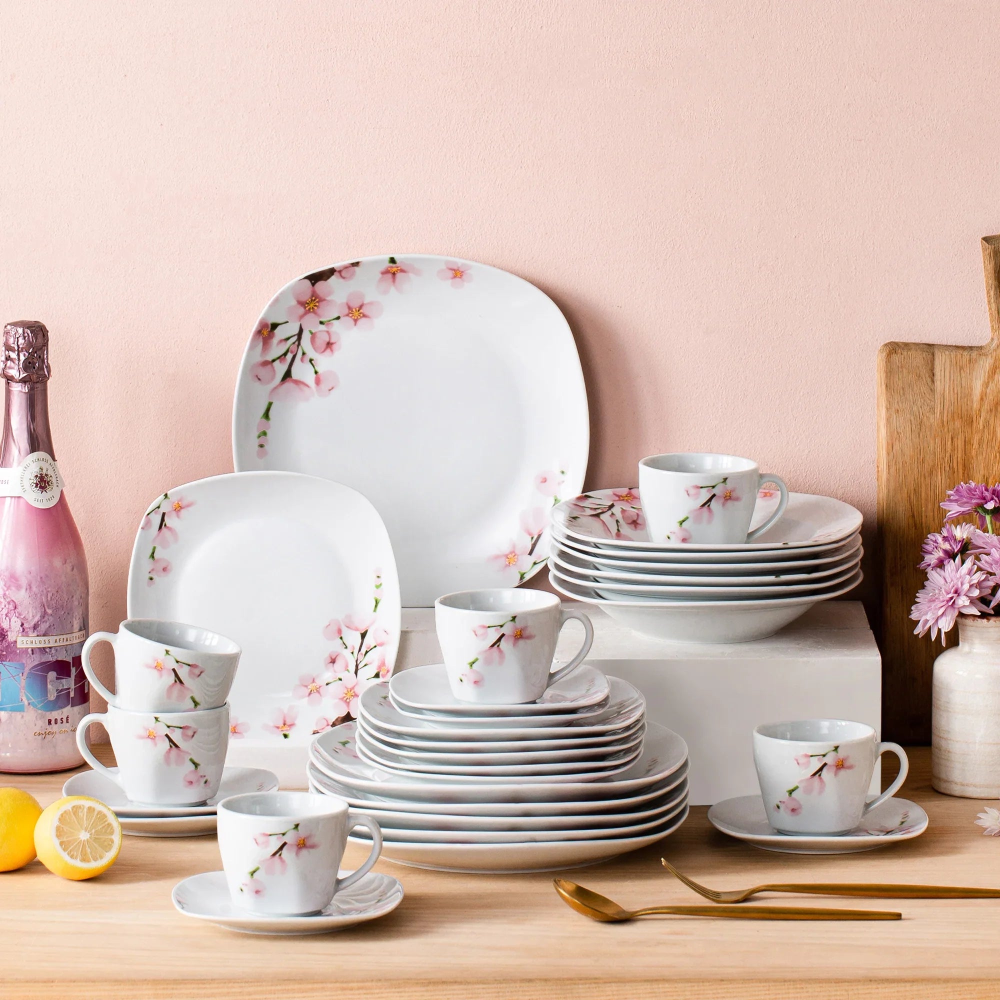 VEWEET ANNIE 60-Piece Porcelain Dinnerware Set – White Ceramic Pink Floral Plates, Bowls, Cups & Saucers for 12 People