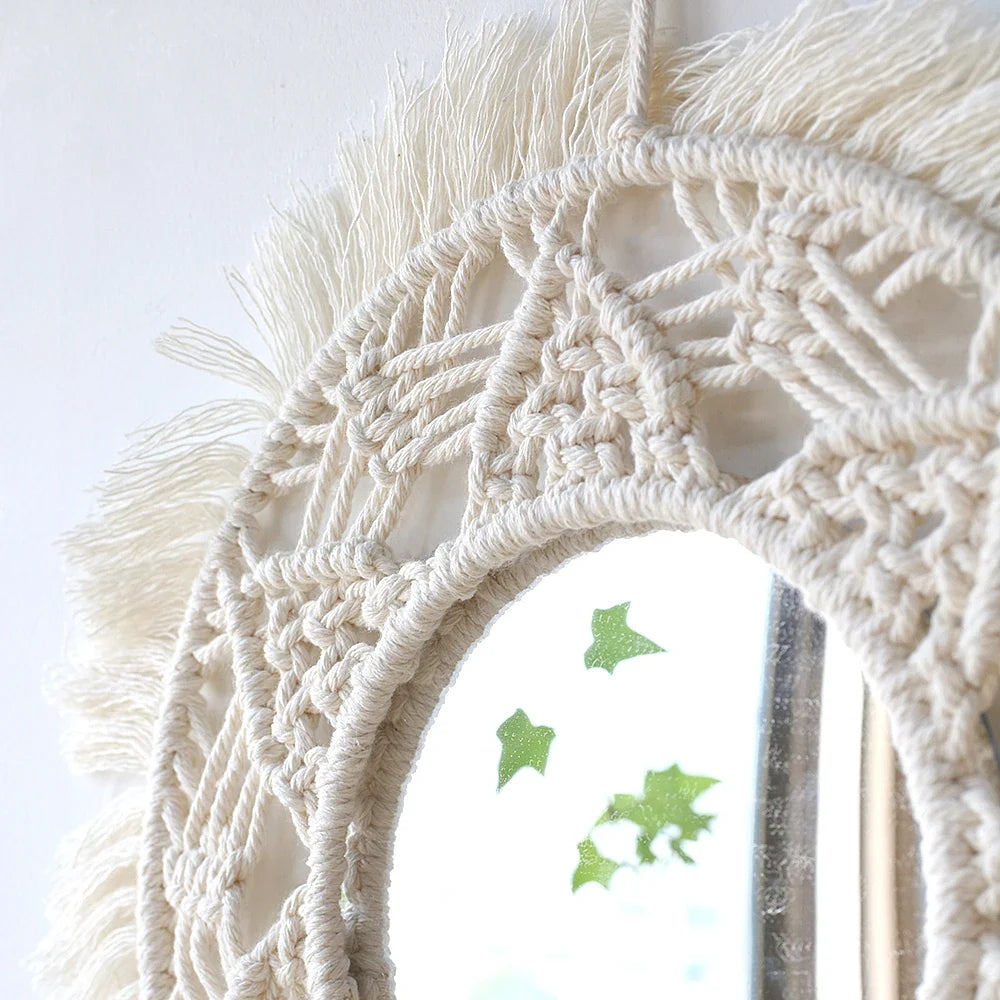Boho Macrame Round Wall Mirror – Decorative Hanging Mirror for Bedroom & Living Room - Natural Knotted Sun