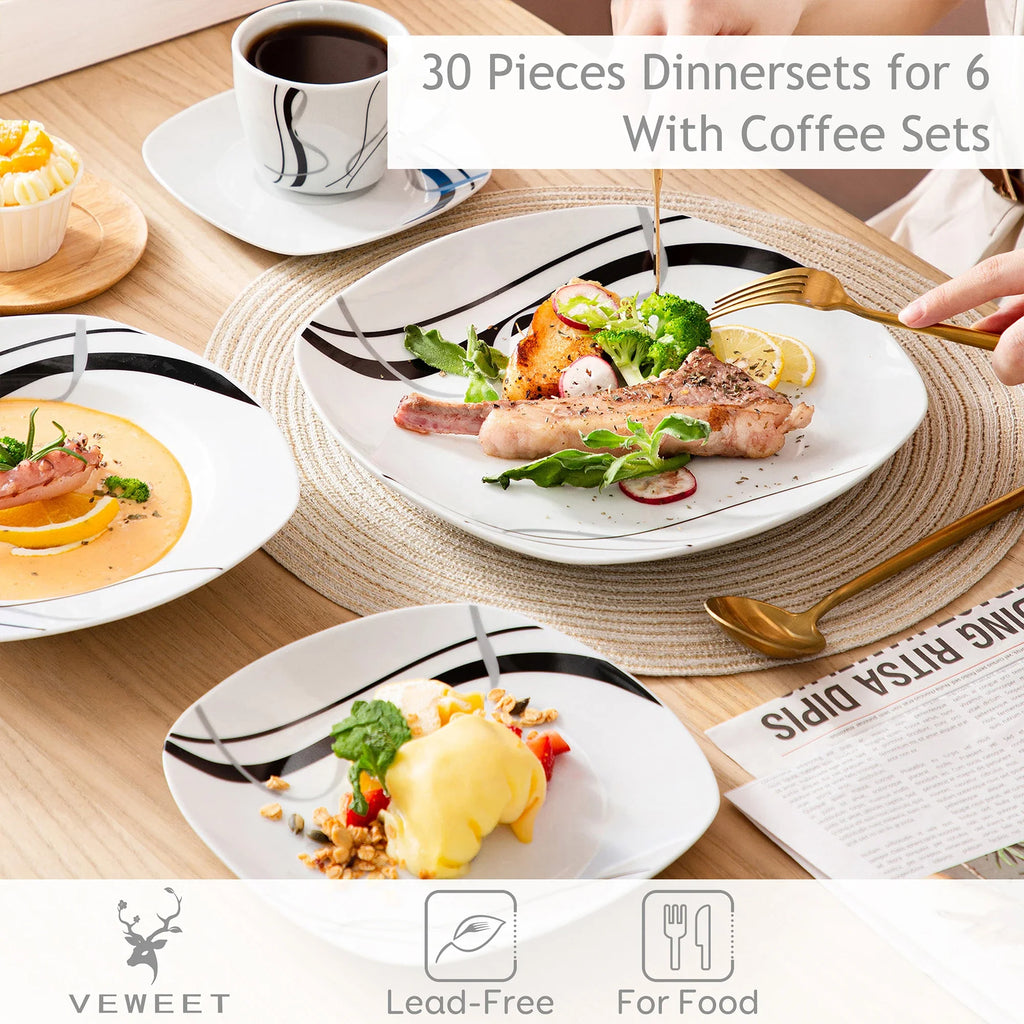 VEWEET FIONA Porcelain Tableware Set – 30/60-Piece Black Line Dinner, Soup & Dessert Plates with Cups & Saucers