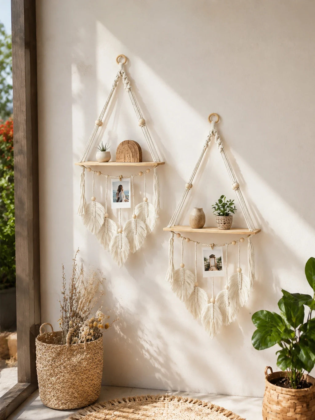 Boho Macrame Floating Wall Shelf with Leaf Tassels