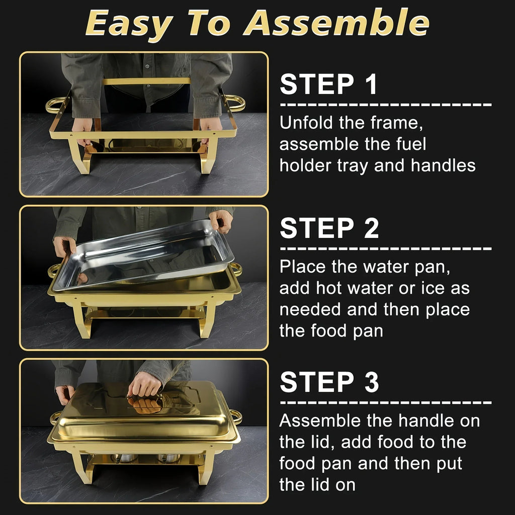 6 Pcs Buffet Baking Tray, 8 Quart Golden Baking Tray Buffet Set Full Size, Premium Stainless Steel Baking Tray Party Food Heater