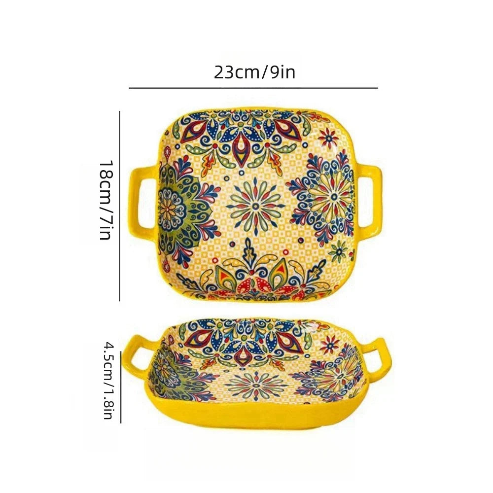 Boho Double-Ear Ceramic Pasta & Salad Plate – Square Oven-Safe Serving Dish