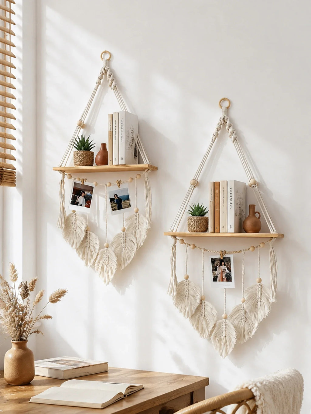 Boho Macrame Floating Wall Shelf with Leaf Tassels