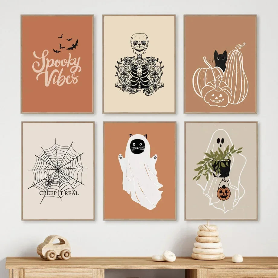 Fall Halloween Skull & Plant Canvas Wall Art Prints