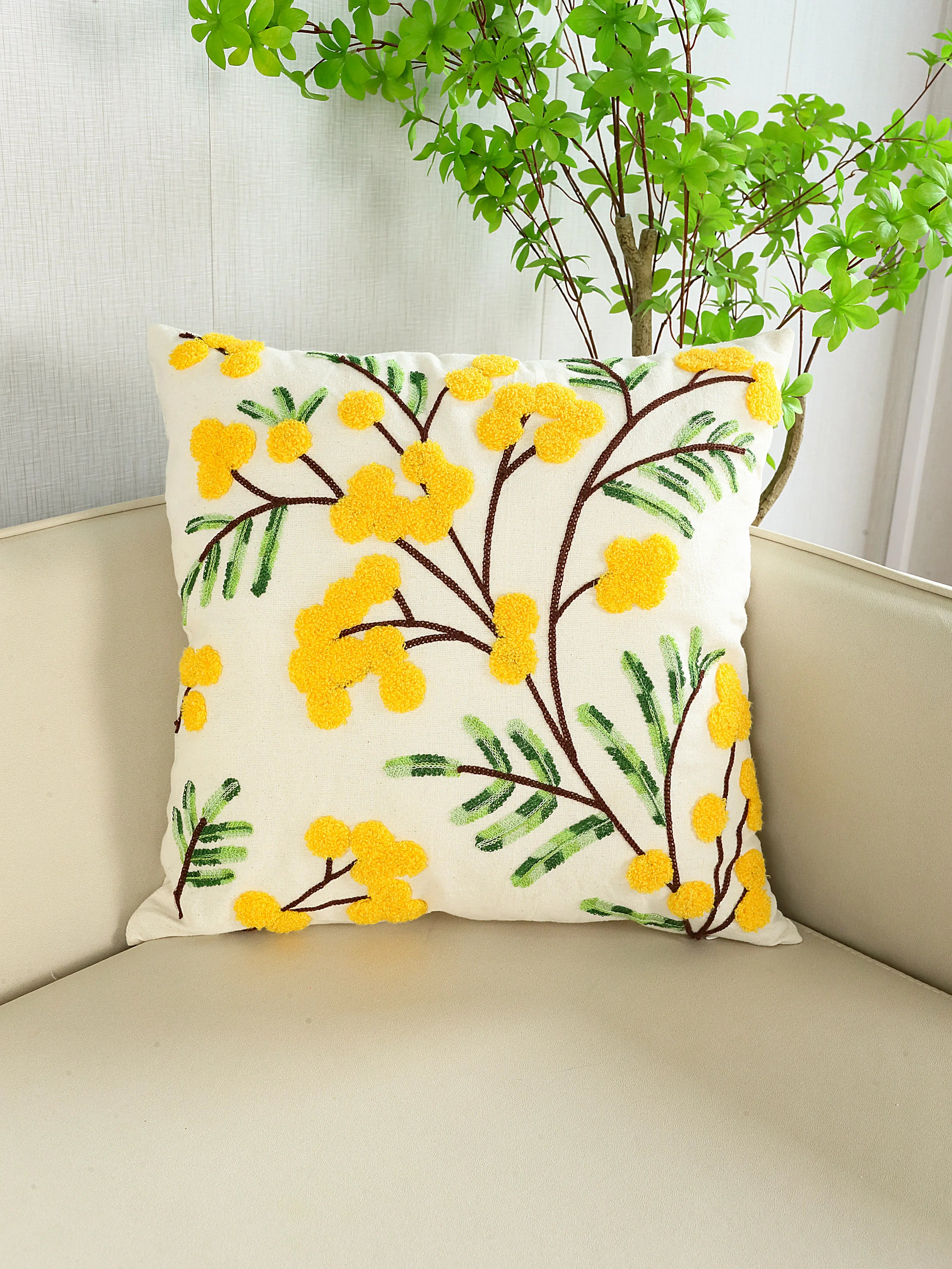 Embroidered Floral Throw Pillow Cover – Yellow Flowers Boho Home Decor for Couch, Bed & Chair