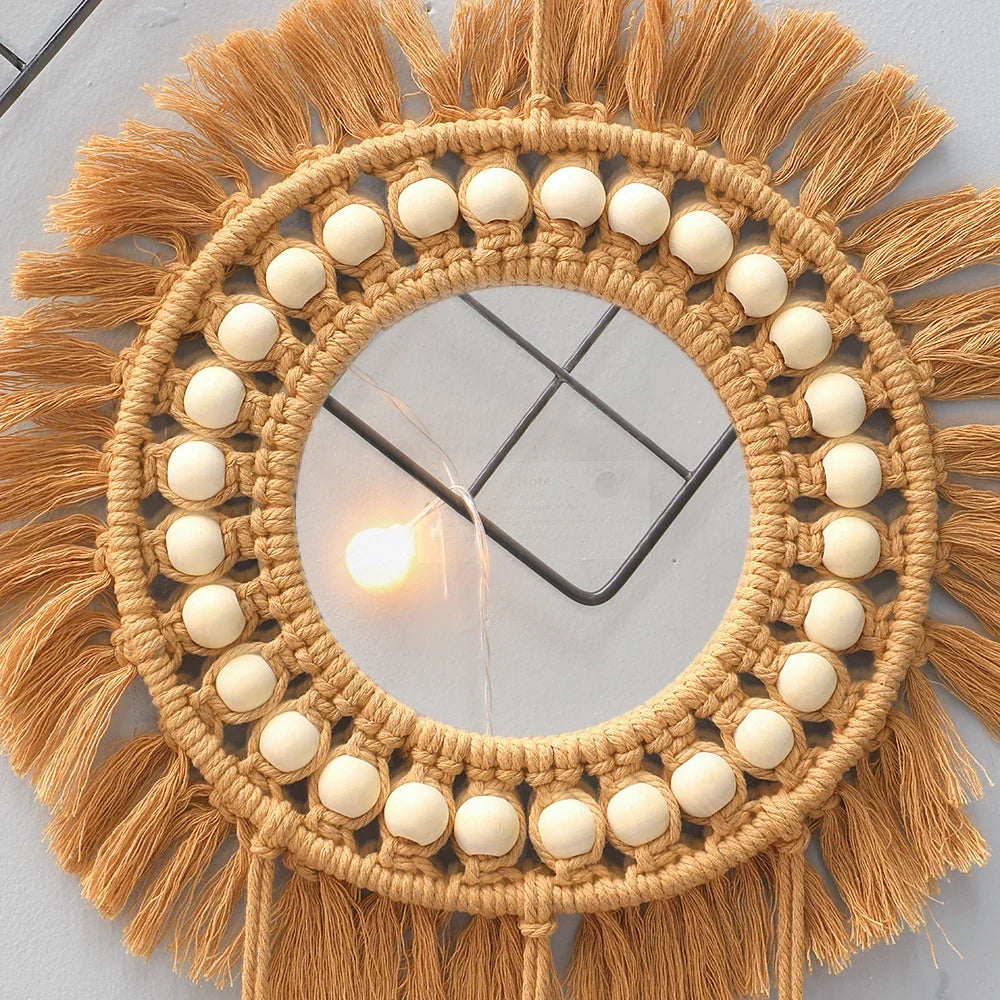 Boho Round Macrame Wall Mirror – Handwoven Decorative Hanging Mirror