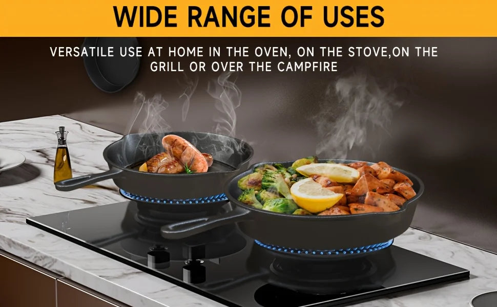 3PCS Cast Iron Skillet Set (6/8/10 Inch)  Pre-Seasoned, Heavy-Duty Pans for Oven, Grill & Campfire, Even Heat, Non-Stick Surface
