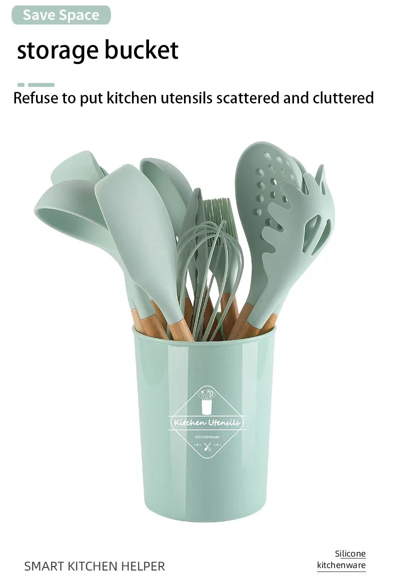 12pcs Silicone Cooking Utensil Set – Multi-Color, Heat-Resistant Kitchen Tools with Wooden Handles, Non-Stick Spatulas & Spoons
