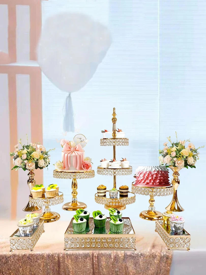 6Pcs-9PcsCake Stand Set with Crystal Beaded Mirror Metal Dessert Table Display Stands Cupcake Holder for Birthday Party Festival