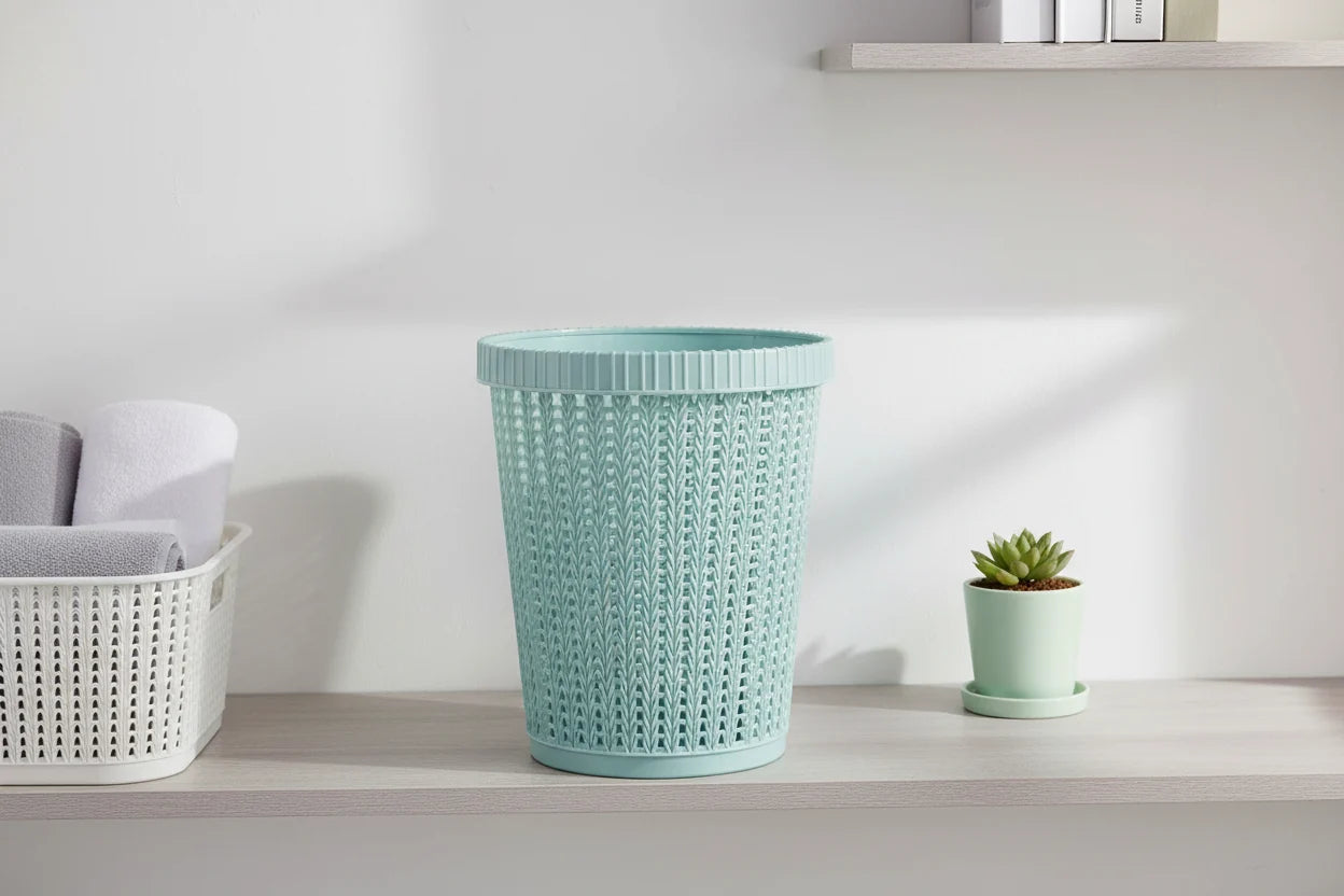 Hollow Rattan-Style Trash Can – Round Lidless Garbage Bin