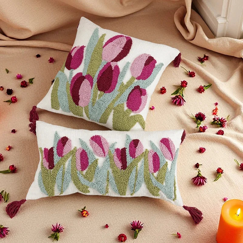 Floral Embroidered Pillow Cover