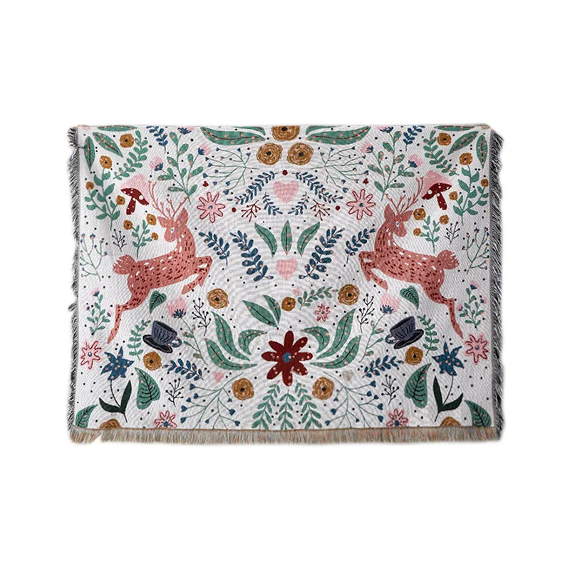 Floral Deer Forest Woven Throw Blanket