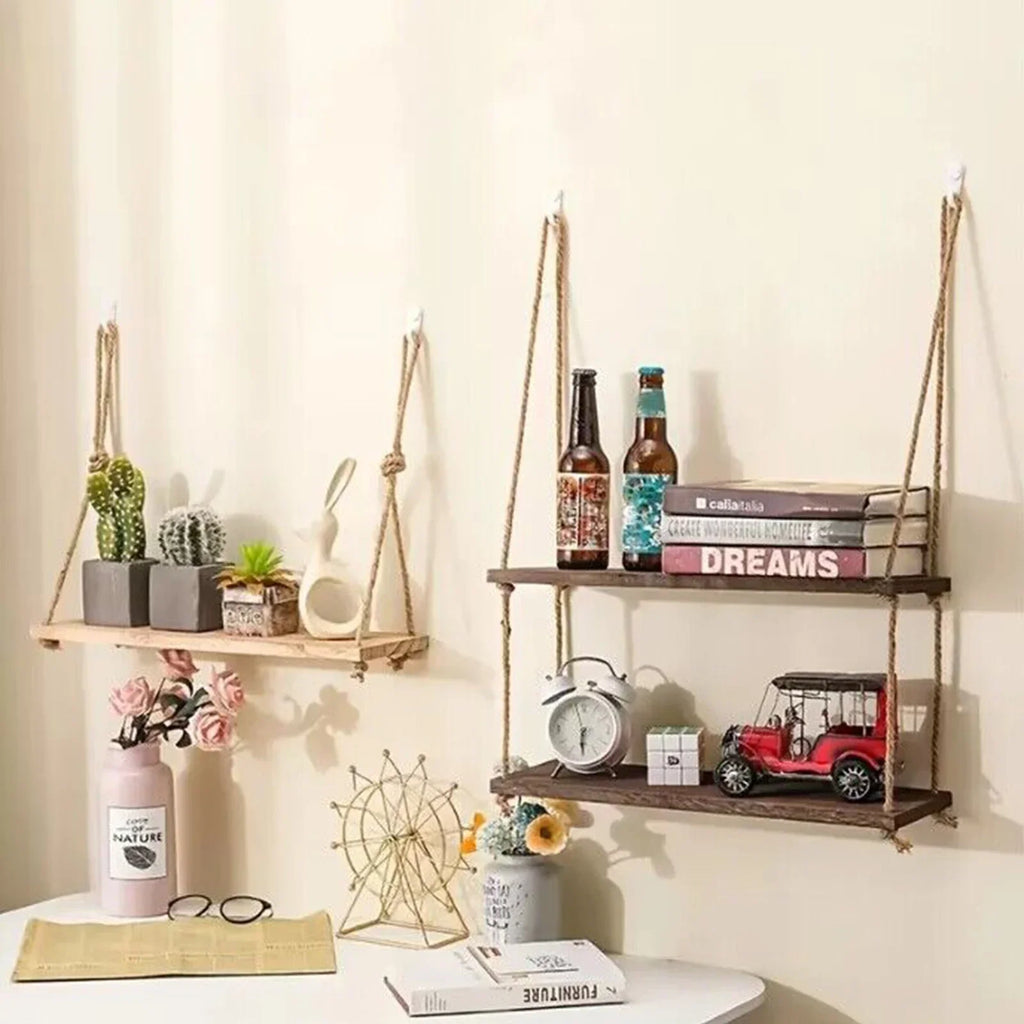 Wooden Floating Shelves for Wall Plants Flower Wood Rope Swing Hanging Storage Home Living Room Decor One Two and Three Tier Shelf