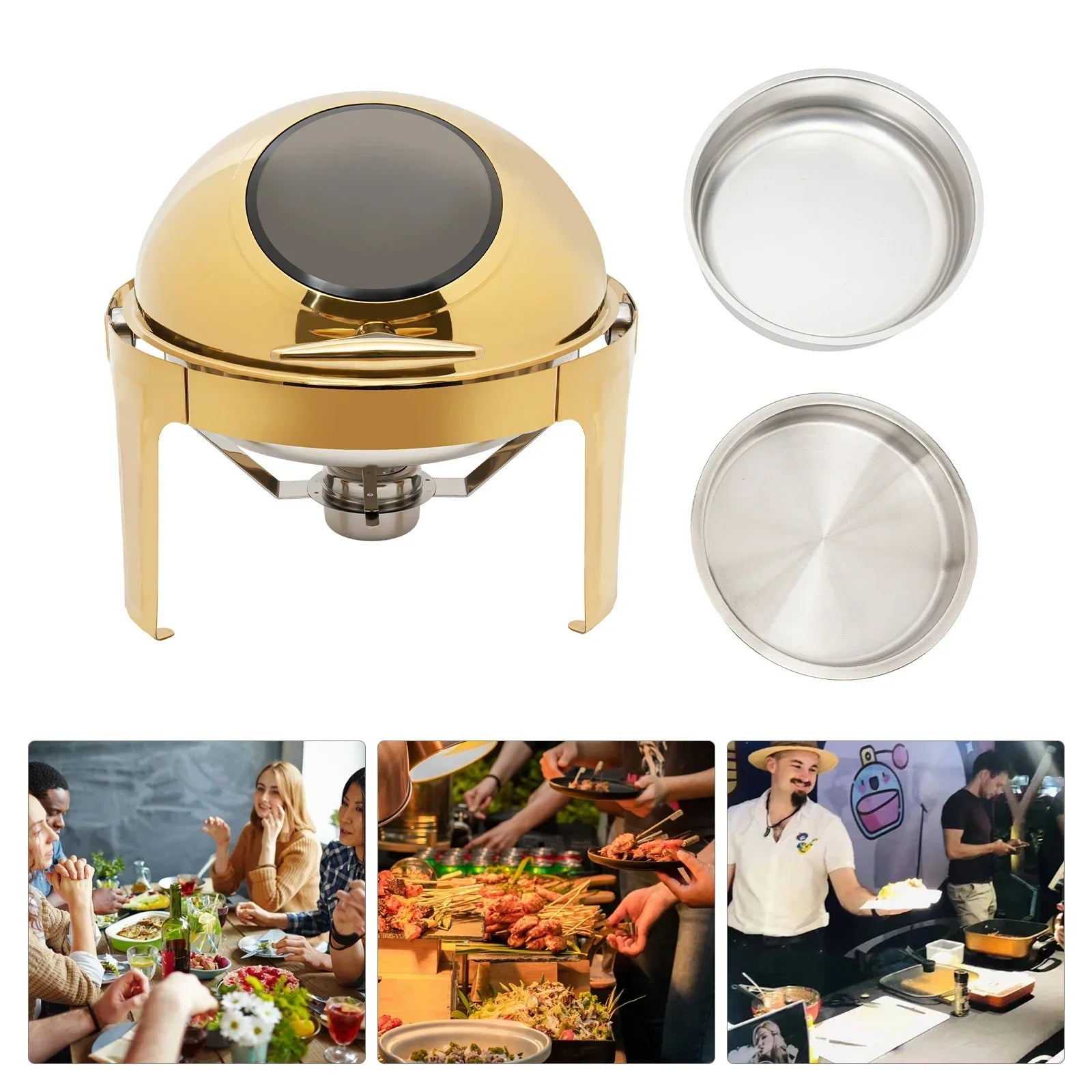 BYMAOCAR Round Chafing Dish Buffet Set 6.3 QT, Roll Top Stainless Steel Buffet Warmer Chafers with Food and Water Trays