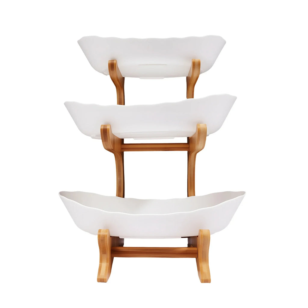 3-Tier Fruit Plate,Snack Dessert Cake Tray Plate Rack for Party Wedding,Fruit Bowl W/ Bamboo Wood Stand,Candy Dish Cake Stand