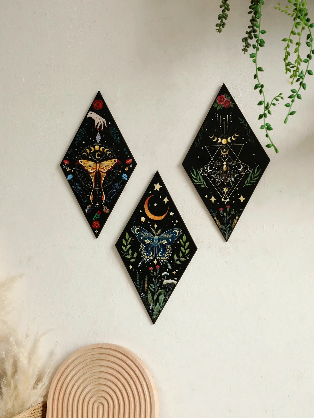 Butterfly & Moon Wooden Wall Art – Hand-Painted Nordic Boho Home Decor Accent