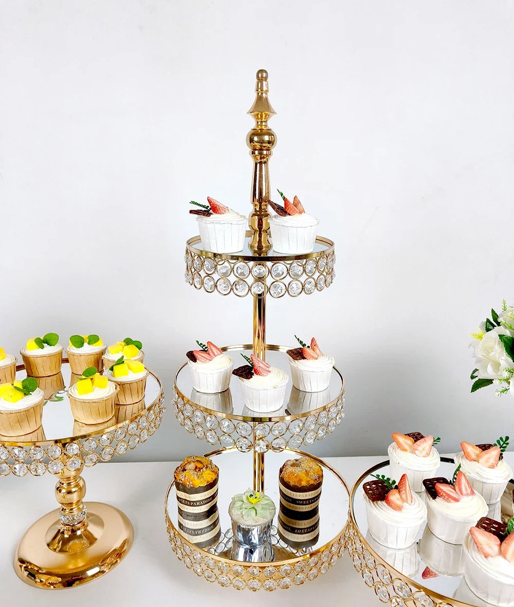 6Pcs-9PcsCake Stand Set with Crystal Beaded Mirror Metal Dessert Table Display Stands Cupcake Holder for Birthday Party Festival