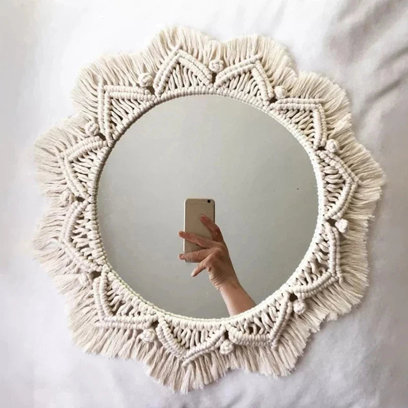 Boho Macrame Round Wall Mirror – Decorative Hanging Mirror for Bedroom & Living Room - Cream with Hanging Leaves