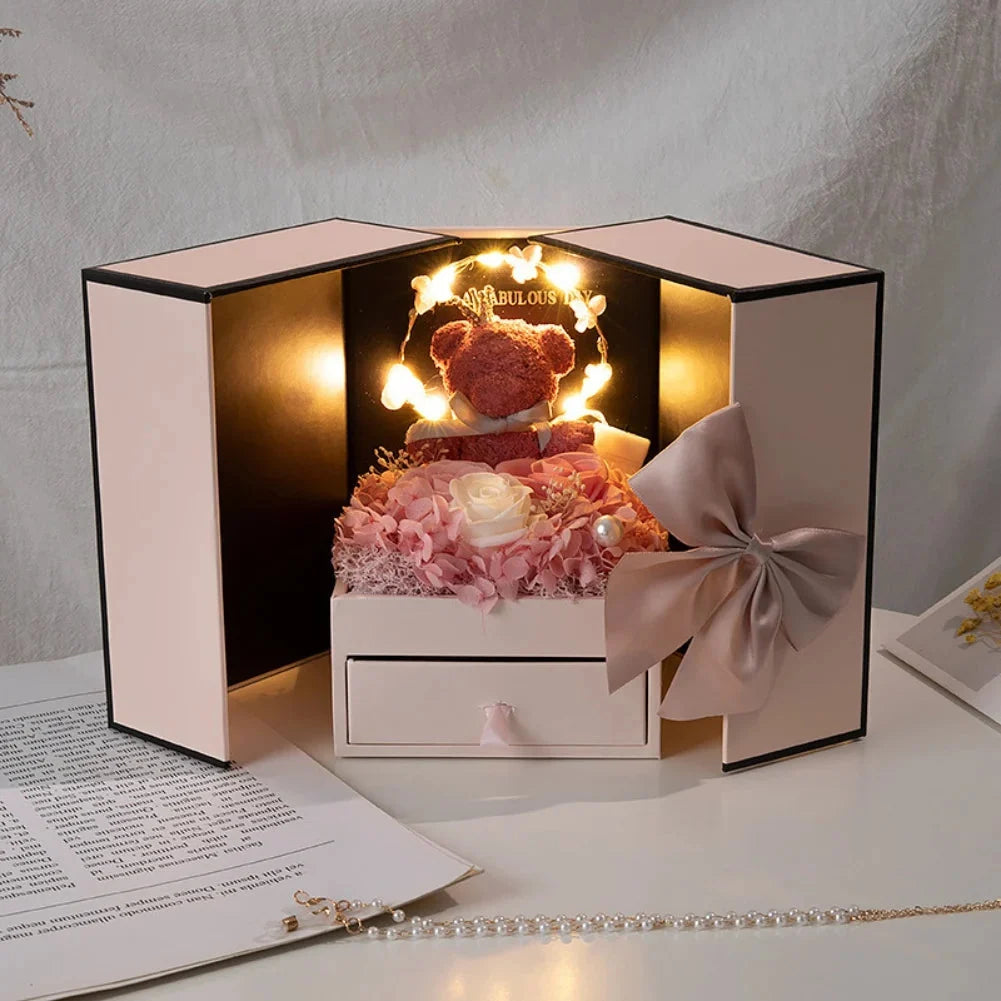 Rose Bear Gift Box with Eternal Rose and Necklace