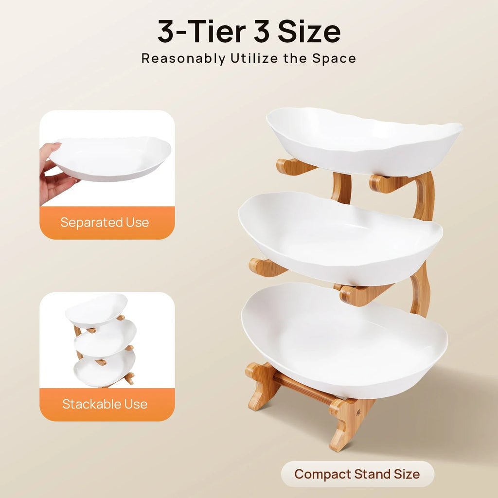 3-Tier Fruit Plate,Snack Dessert Cake Tray Plate Rack for Party Wedding,Fruit Bowl W/ Bamboo Wood Stand,Candy Dish Cake Stand
