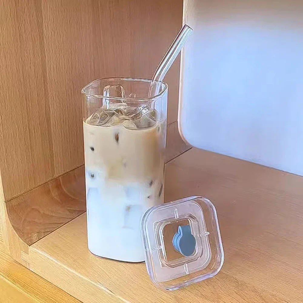2-Piece Square Glass Cup Set with Lid & Straw – Hot & Cold Drinkware