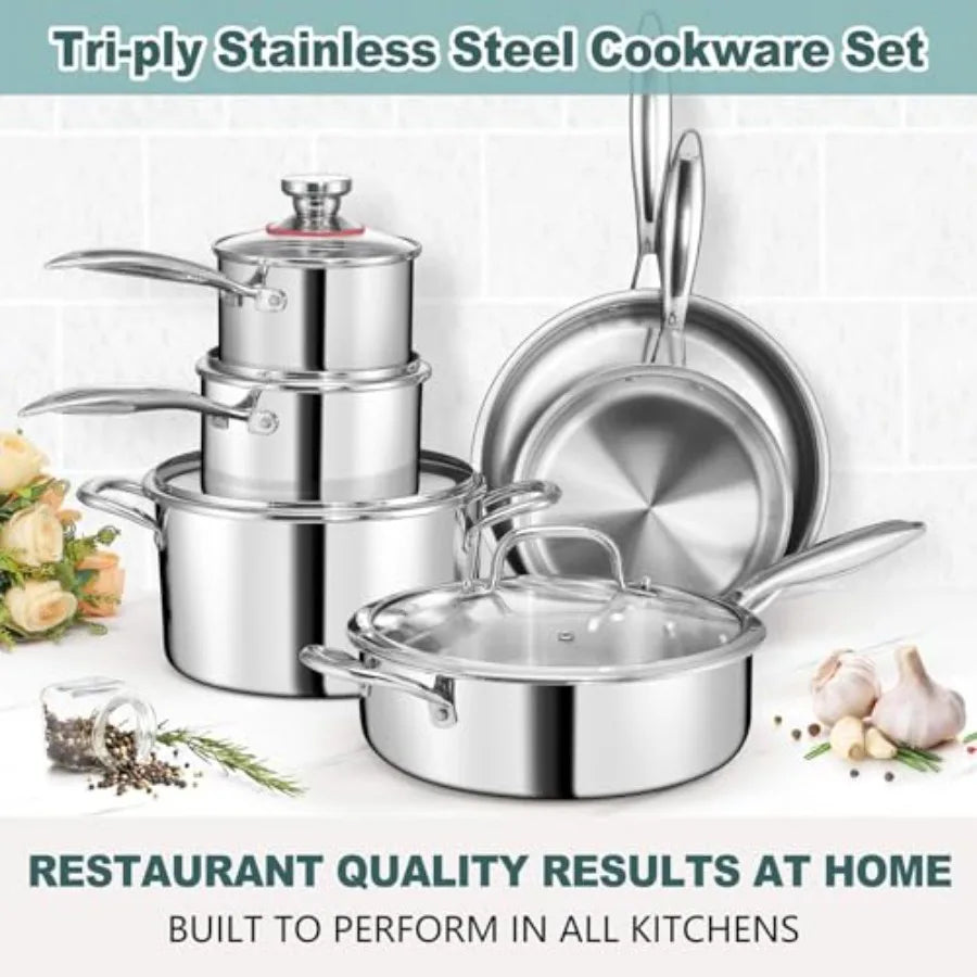 10 Pcs Pots and Pans Set Stainless Steel Cookware Sets for Kitchen Induction Cookware Nontoxic Kitchen Cooking Set w Fry Pans S