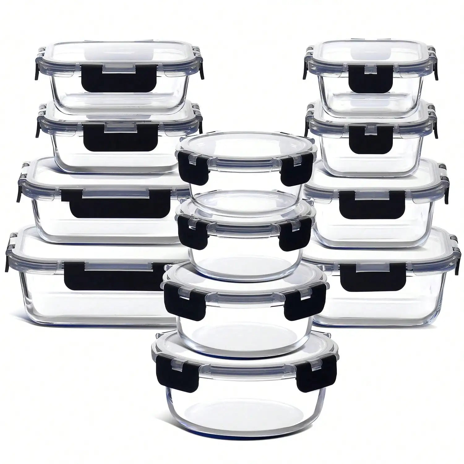 12-piece set of glass food storage containers with lids, airtight leak-proof glass lunch boxes, various sizes and shapes