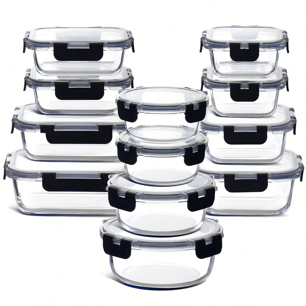 12-piece set of glass food storage containers with lids, airtight leak-proof glass lunch boxes, various sizes and shapes