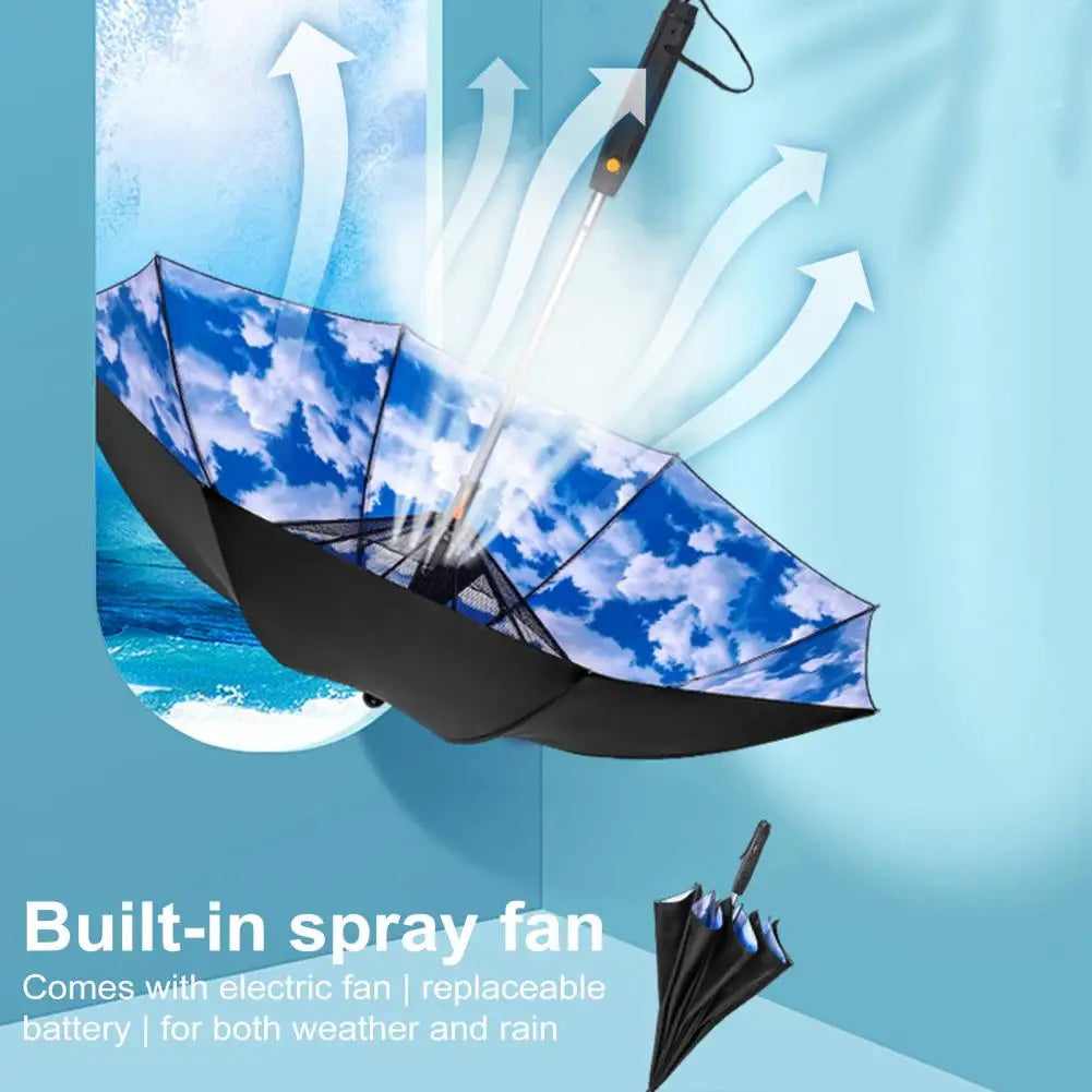 🌞 3-in-1 Cooling Sun Umbrella – Built-in Fan, Water Mister & UV Block