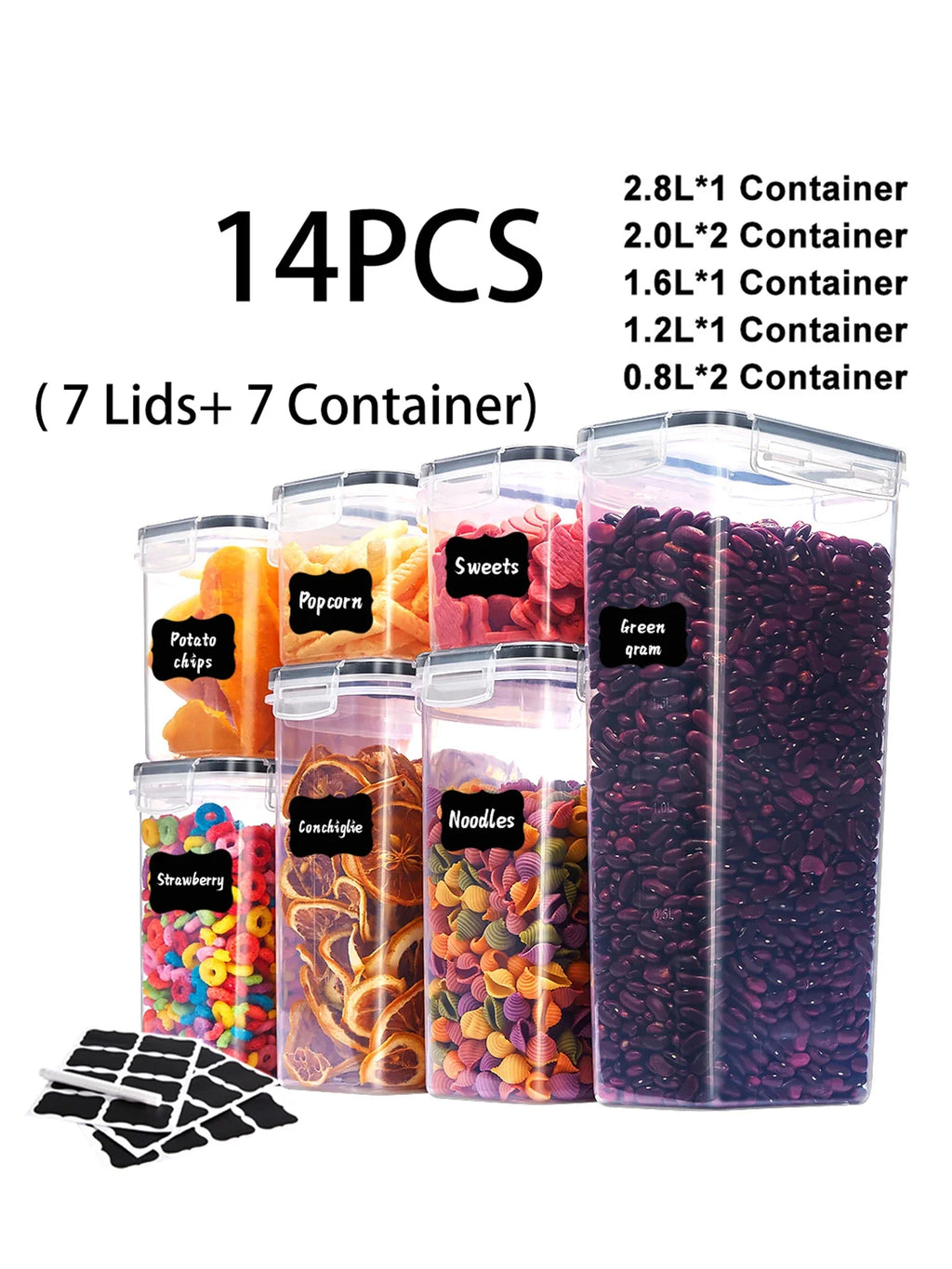 14pcs Pasta Storage Containers with Airtight Lids, Labels & Markings – BPA-Free Kitchen Organization Set for Pasta & Dry Food