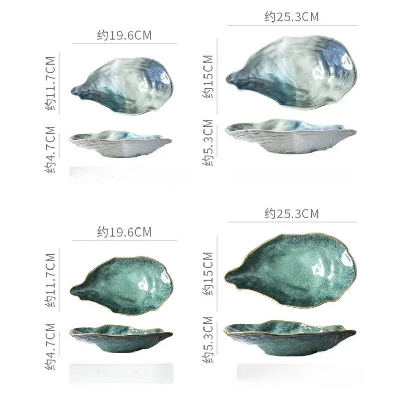 Japanese Kiln-Glazed Ceramic Oyster Dish – Irregular Shell-Shaped Plate for Dips, Dessert & Appetizers